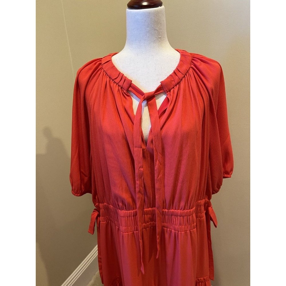 SCOOP Red Tiered Maxi Dress Size 3XL Dolman Sleeve V-Neck With Tie